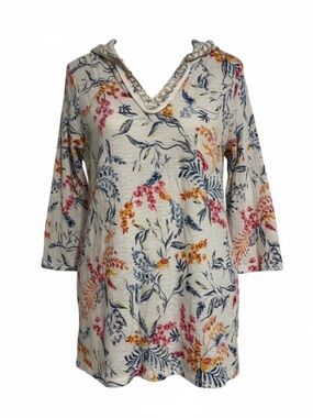 New Chico's Cream Floral V-Neck Tunic with Blue, Pink & Yellow Motifs